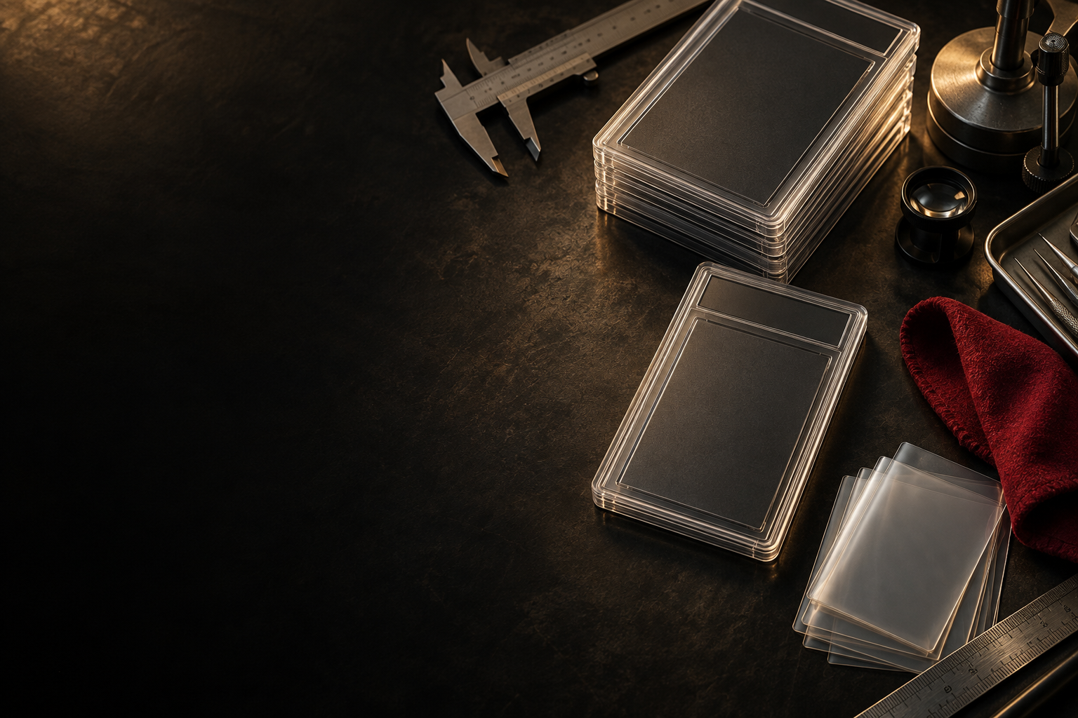 Blank card holders and collecting tools on a workshop table